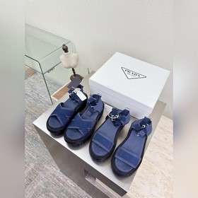 登山鞋底 帆布涼鞋 高端精品 普拉達 深藍色 PRADA 大底後鐳射品牌log