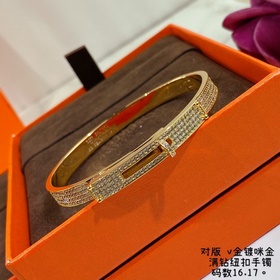V金材質   加厚版 愛馬仕紐扣滿鑽手镯，高級精工版衆多網紅同款 高碳鑽 太
