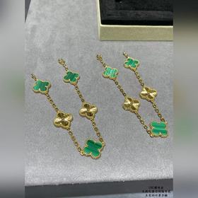 [V金 ]VV6 VCA天然孔雀石間隔車花五花四葉草手鍊。Cleef&Arpel