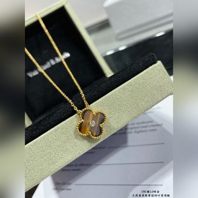 V0813CNC扣頭 V金鍍咪金 粗鍊條 VCA天然黃虎眼帶鑽四葉草項鍊 非常獨