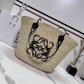 Loewe 伊拉卡棕榈纖維和牛皮革 Anagram Basket 手袋*一個傳