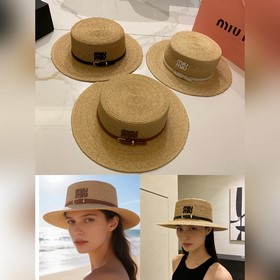 miumiu缪缪 細拉菲草平頂帽(高品質)