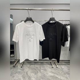 PRA26SS春夏新款平紋針織棉布基礎圓領短Tee，男女同款立體字母徽标刺繡休閑