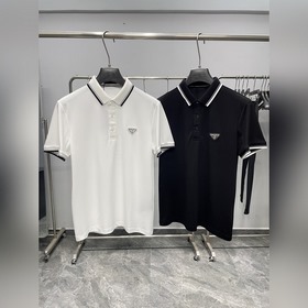 PRA26SS春夏新款網眼珠地棉撞色翻領短Tee，男士金屬三角标徽章商務休閑短袖