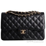 chanel jumbo系列雙蓋設計coco牛皮肩背包(黑色金鏈/30公分)