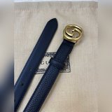 (女款)Gucci經典款黑色色Togo荔枝紋，内襯頭層小牛皮黑底 寬2.0cm 複古圓G