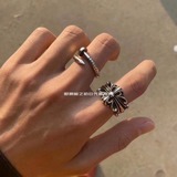 潮牌複古剋羅芯同款十字架戒指 925純銀克羅心镂空開口情侶對戒指