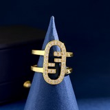 Fendi 芬迪滿鑽橢圓形镂空雙F字母雙環戒指 精工打造原版一緻黃銅材質電鍍18